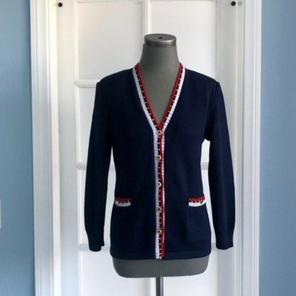 St John Knit Jacket Cardigan S M Vintage Button Front Blue Red White Luxury USA - Picture 3 of 8
